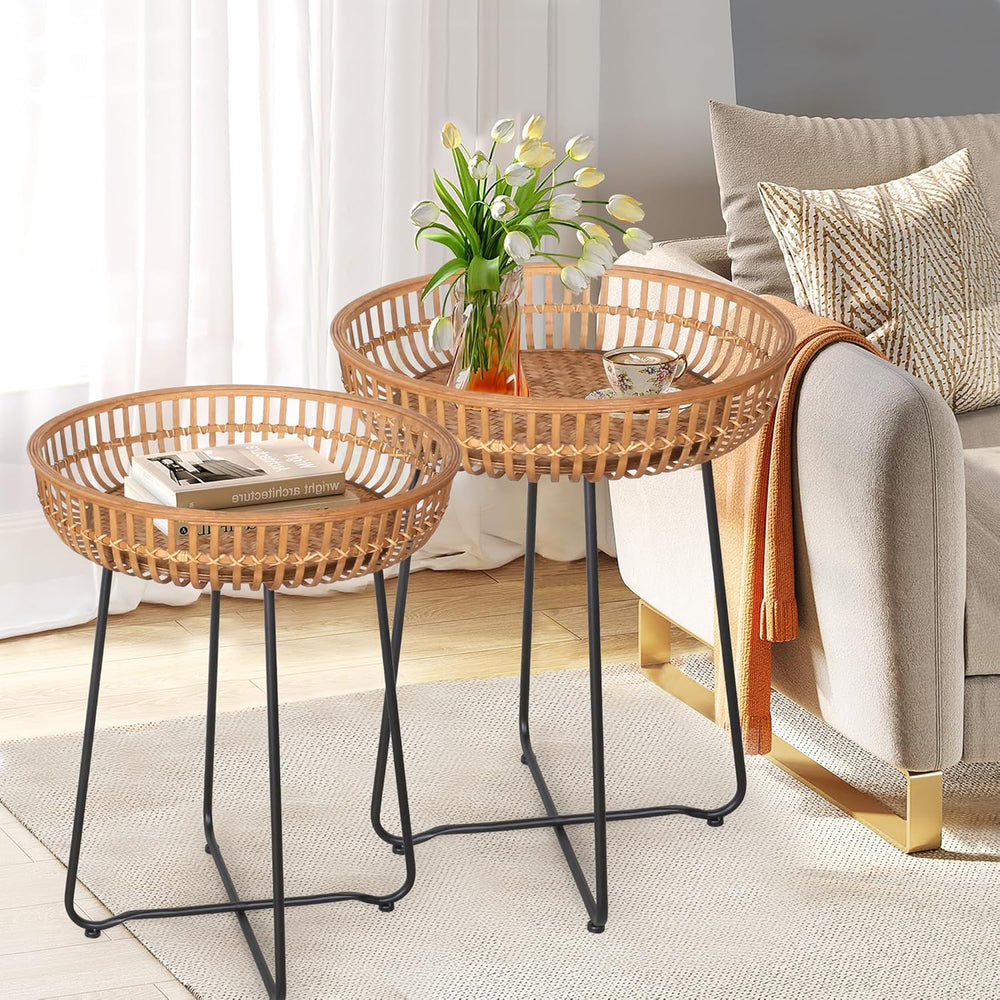 Oakrain Rattan End Table, Nesting Tables, Set of 2, Bamboo, Round, Metal Base...