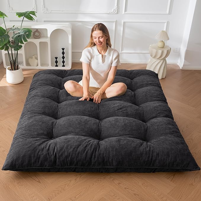 MAXYOYO Japanese Floor Mattress Full Size, 6" Foldable Futon Mattress Tufted Roll Up Floor Bed, Thick Chenille Tatami Mat Sleeping Pad for Camping Guest Room Dormitory Bedroom RV, Black