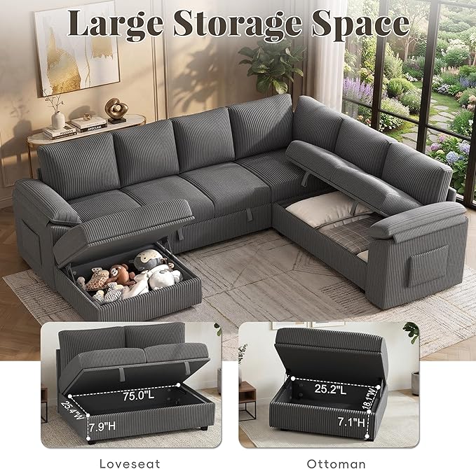 108 Inch Sectional Sleeper Sofa Bed with Pull Out Couch, U Shaped 7 Seat Cloud Modular Sectional Sofa with Storage, Corduroy Sectional Couches for Living Room, Removable Sofa Cover, Dark Grey