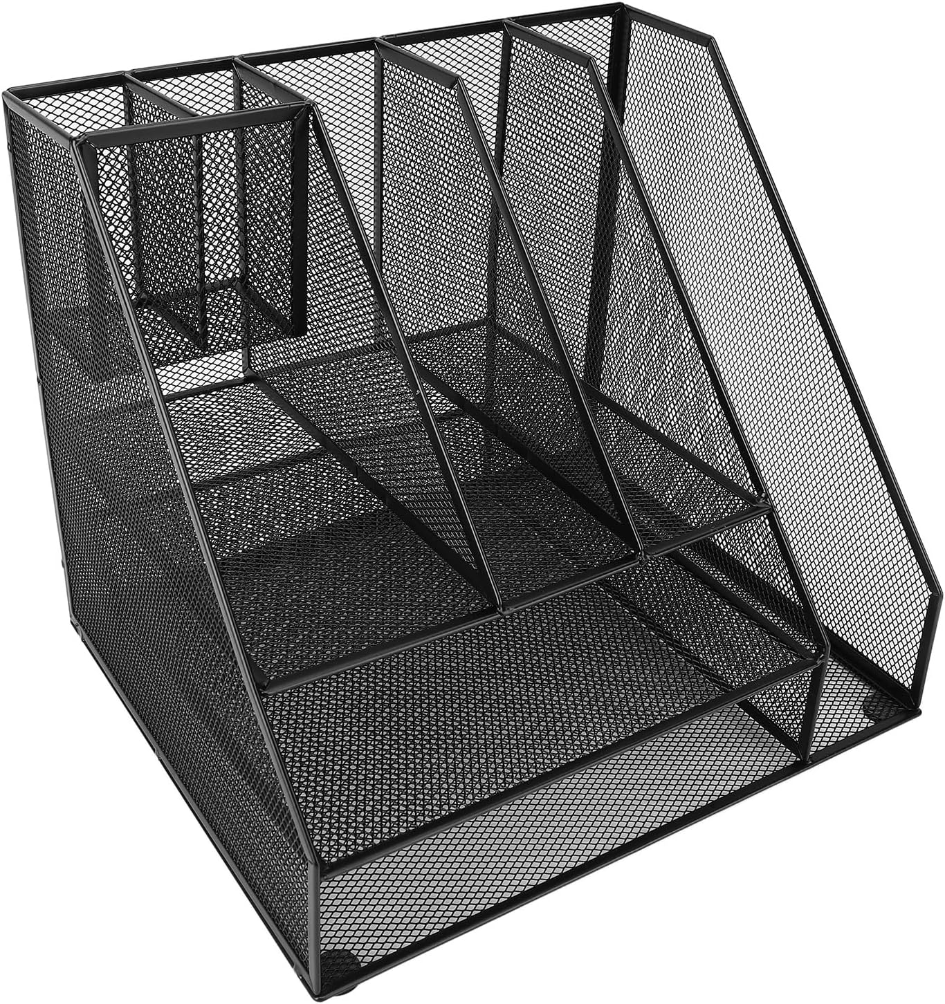 Hyuduo Office Desk Organizer, Black Iron Mesh 3 Tier Paper Letter Tray with 2 Pen Holders and File Rack Metal Structure for Office and Home Desk Organization