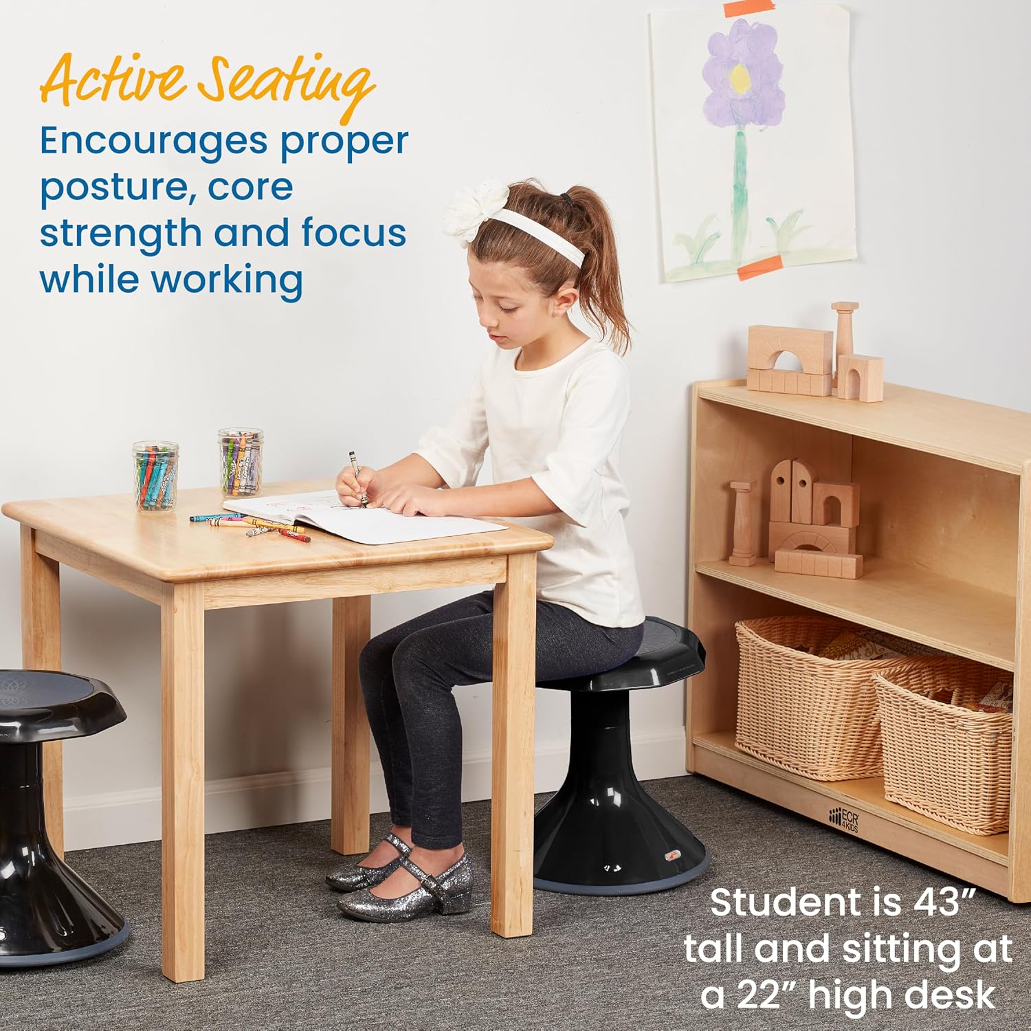 ECR4Kids ACE Active Core Engagement Wobble Stool, 15-Inch Seat Height, Flexible Seating, Black | Durable plastic, GREENGUARD Gold Certified, 7-9 years, 150 lb capacity, fully assembled, flexible seating for classroom use
