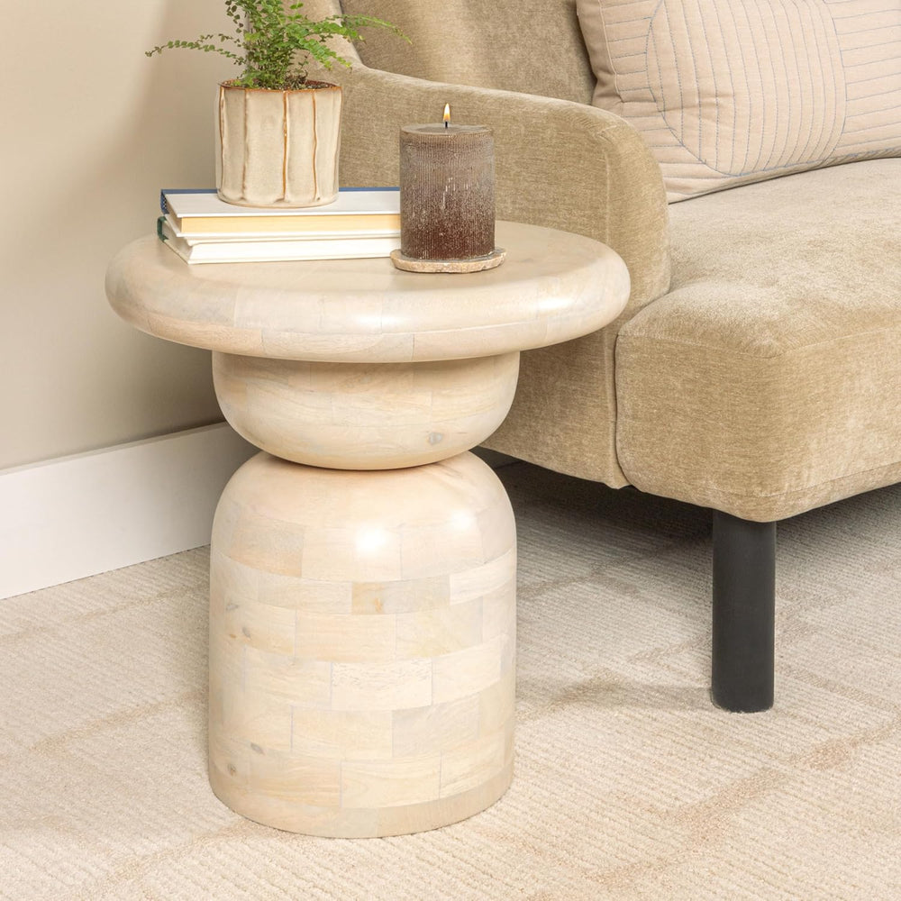 Creative Co-Op Round Mango Wood Accent Table with Stacked End Grain Base, Whi...
