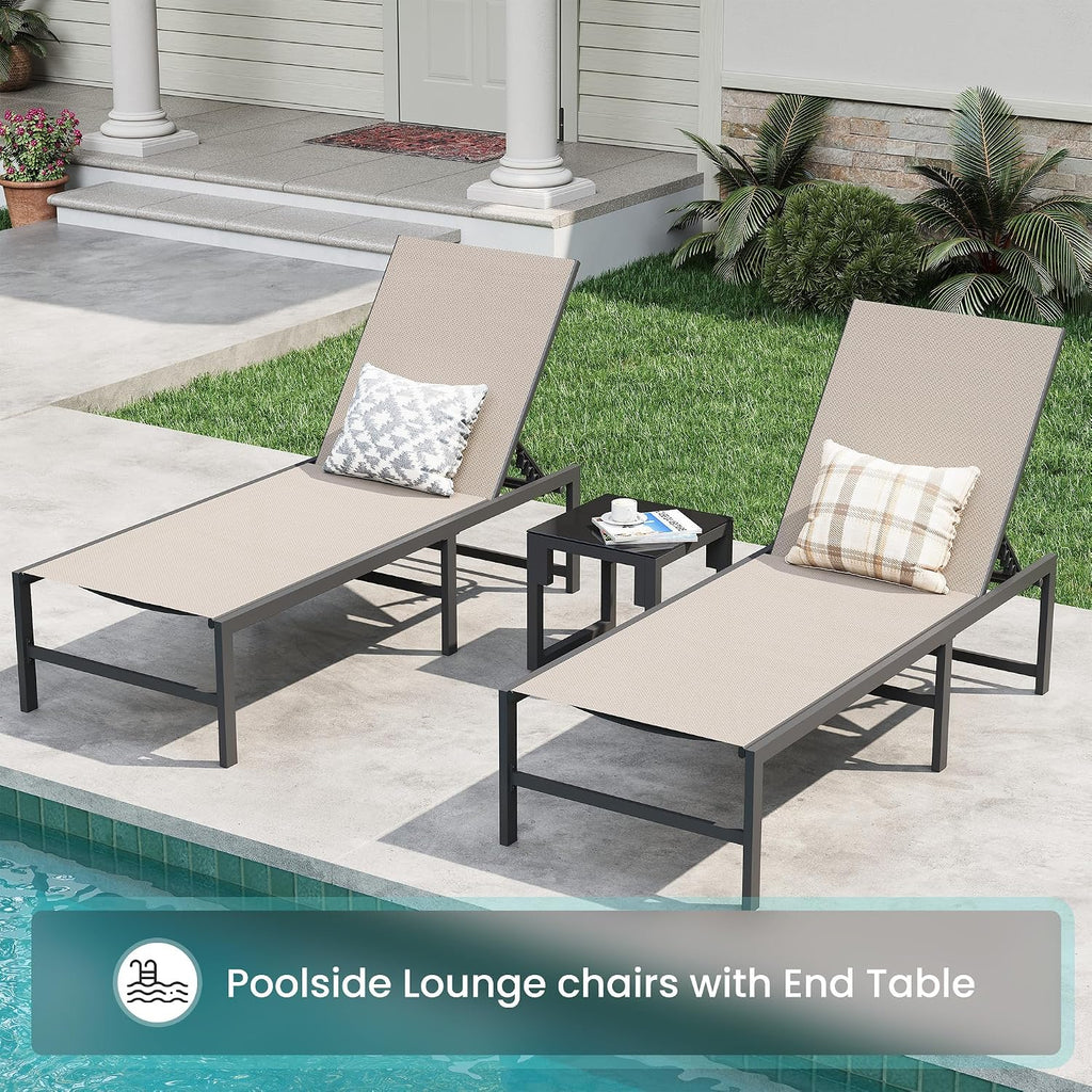 Amopatio Patio Lounge Chair Outdoor Chaise Lounge Set of 2 for Pool | with Side Table Weather Resistant 5-Position Adjustable Backrest Heavy Duty Steel Frame 400 LBS Capacity;Khaki