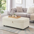 45" Modern Sofa Ottoman with Storage,Linen Upholstered Storage Bench with Rotation Casters and Safety Hinge, for Living Room,Ivory