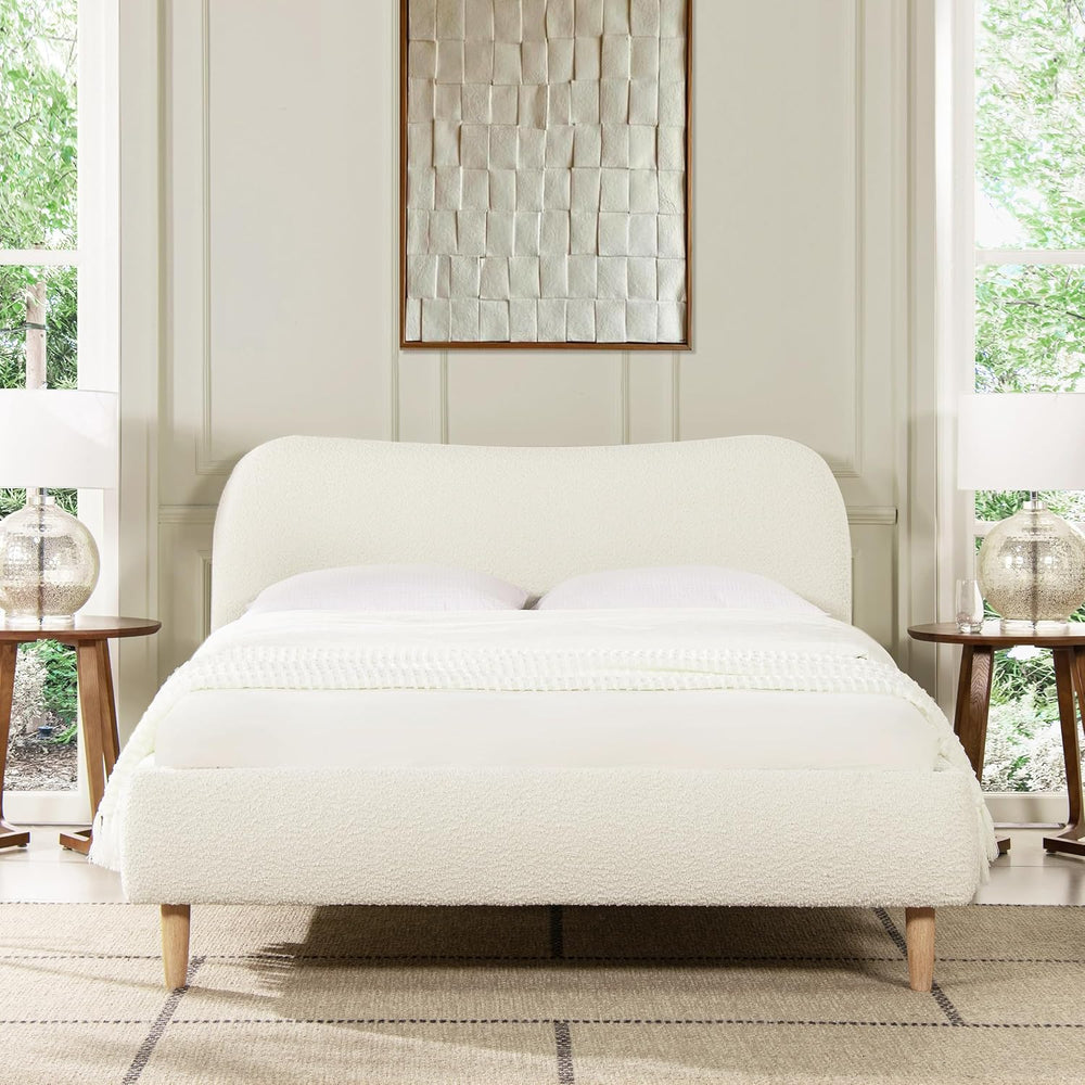 GOWE Roman Curved Headboard Upholstered Platform Bed, Queen, Ivory White Boucle
