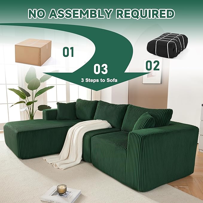 97" Modular Sectional Sofa, L-Shaped Boneless Couch with Deep Seat, Cozy Cloud Couch Sectional with Convertible Ottoman, Modern Sectional Couches for Living Room（ Green）