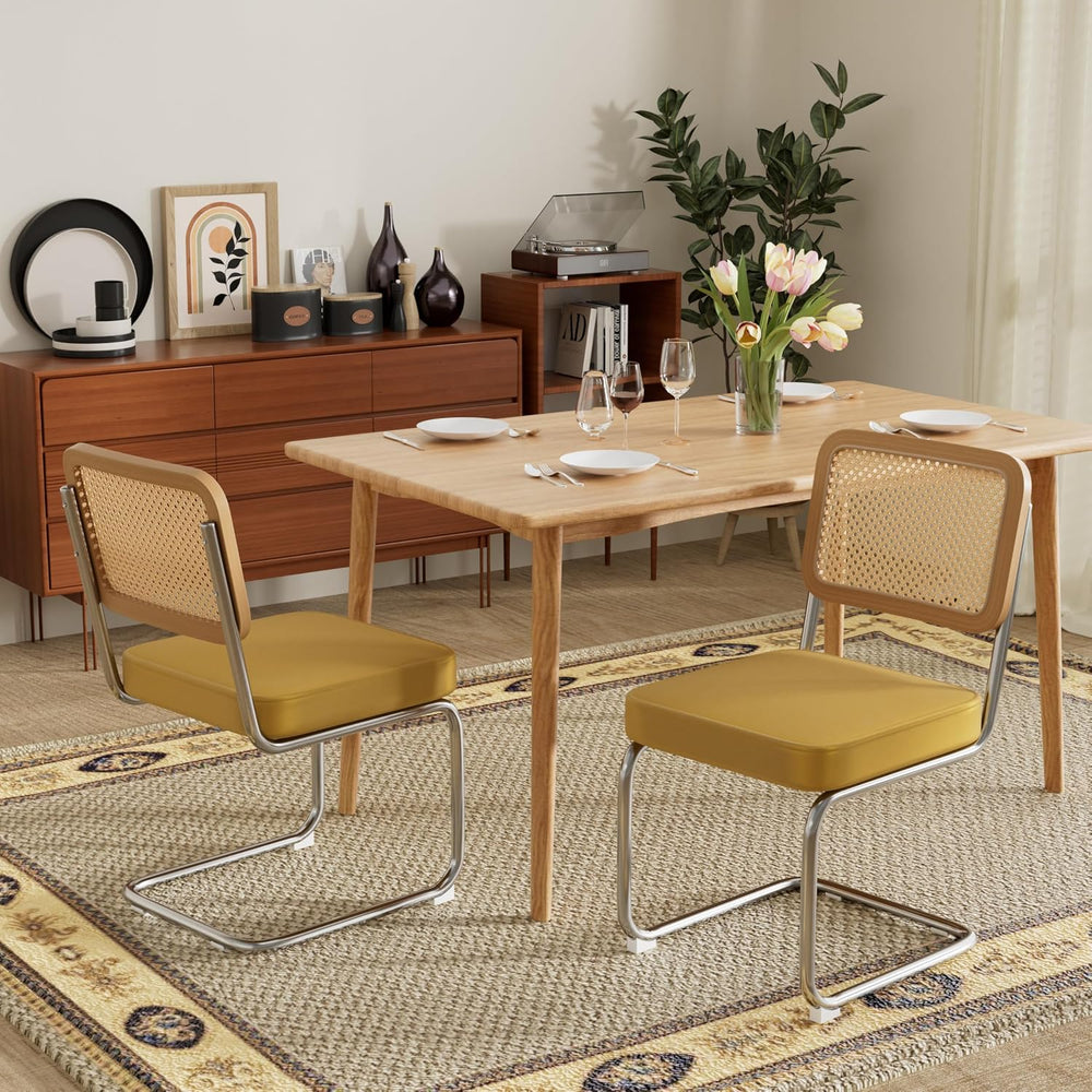 Rattan Dining Chairs Set of 2, Mid Century Kitchen Chairs with Natural Mesh R...