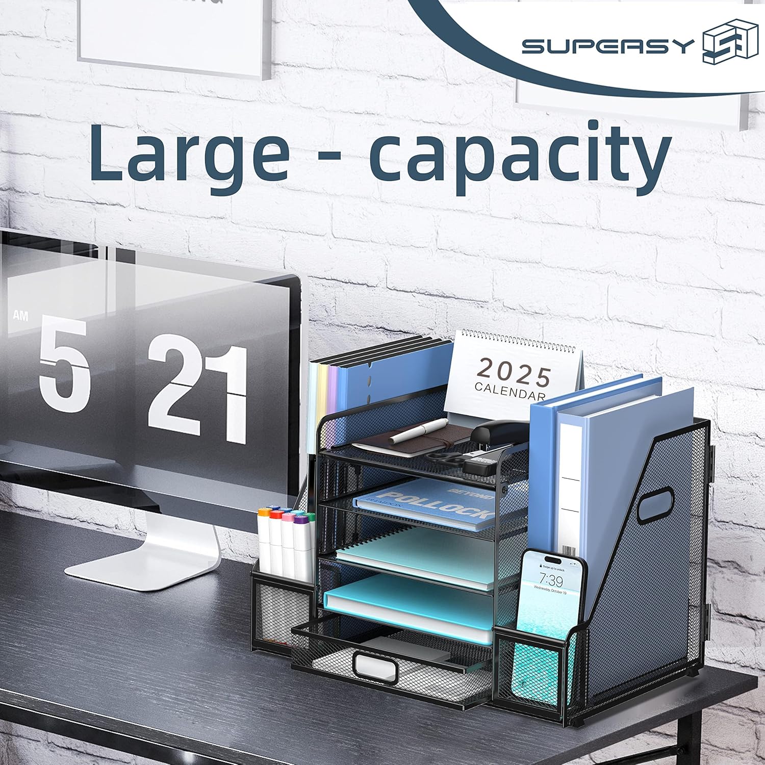 SUPEASY Mesh Desk Organizer with File Holder, 5-Tier Paper Letter Tray Organizer with Magazine Holder, Desktop Organizer and Storage with Drawer for Office Supplies Home or School, Black