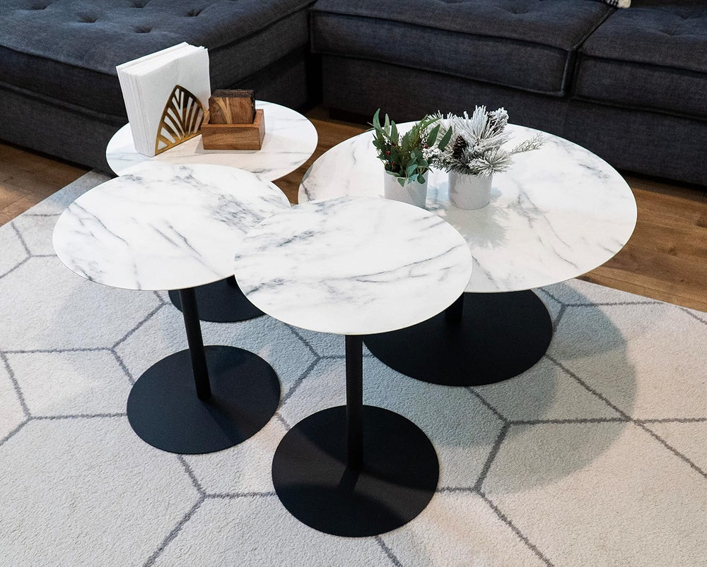 4-pcs Round Metal Coffee Table Set with Marble Finish Table Top and Black Pow...
