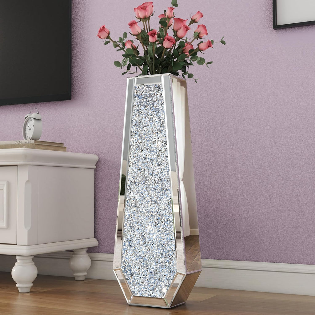 SHYFOY 30" Floor Vase Crushed Diamond Mirrored Vase Silver Tall Vases for Floor, Large Crystal Glass Decorative Floor Vases for Living Room Office Corner Hallway Home Decor