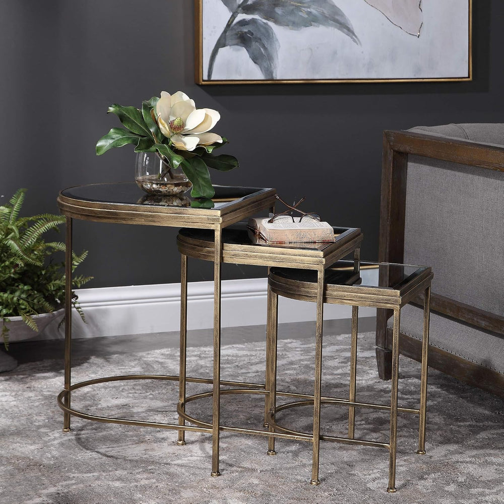 Elegant Demilune Half Oval Nesting Table Set 3 Modern Bronze Metal Mirror Top