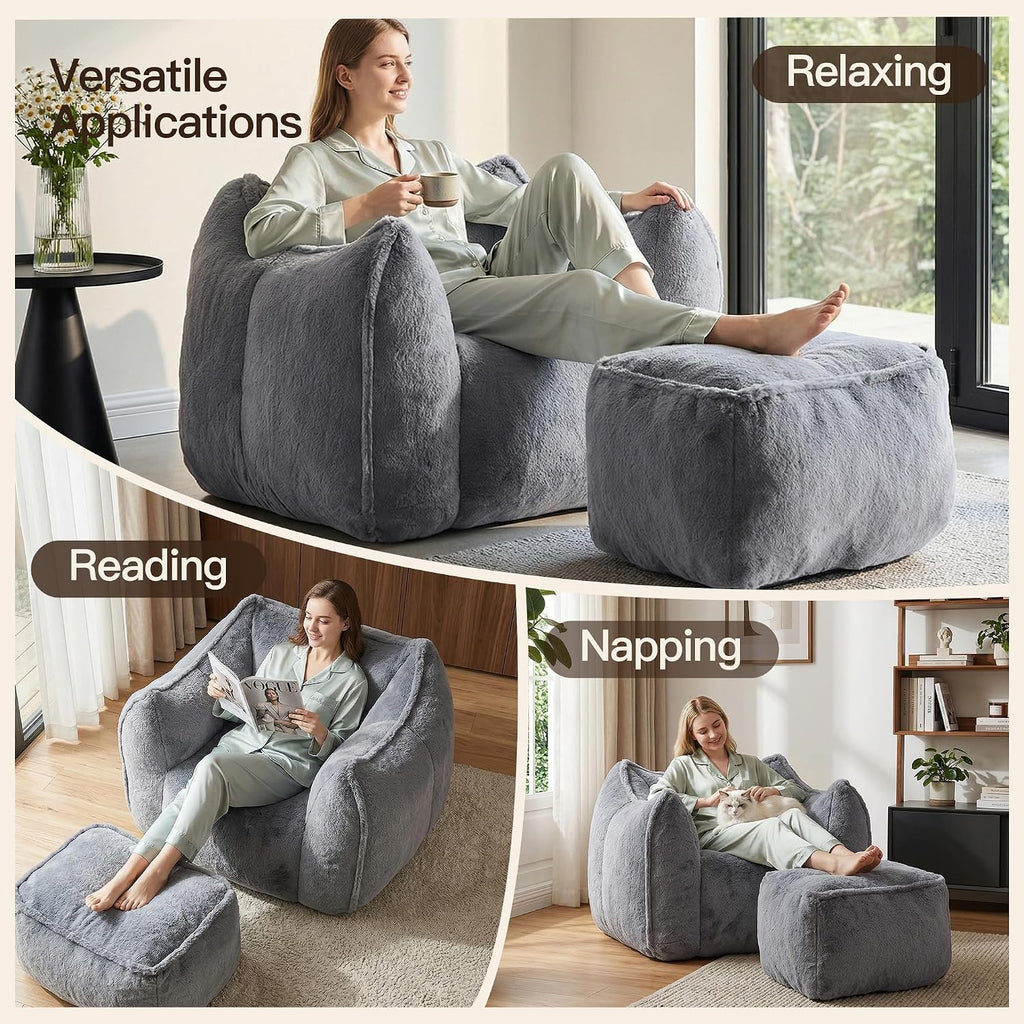 WELAX Giant Bean Bag Chair for Adults Teens – Fluffy Plush Large Bean Bag Sofa Chairs with Ottoman, Comfy Reading & Gaming Beanbag Couch for Bedroom Living Room, Dark Gray