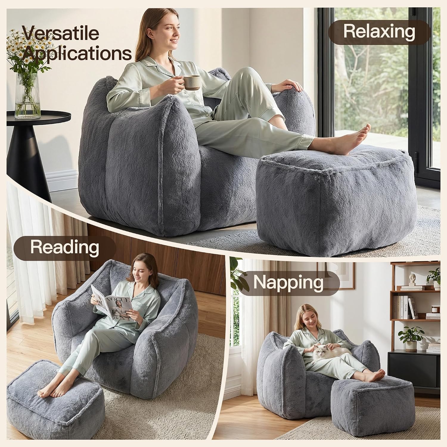 WELAX Giant Bean Bag Chair for Adults Teens – Fluffy Plush Large Bean Bag Sofa Chairs with Ottoman, Comfy Reading & Gaming Beanbag Couch for Bedroom Living Room, Dark Gray