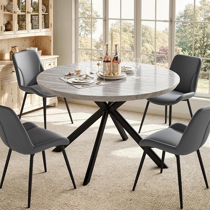 47.2" 5-Piece Round Dining Table Set for 4, Modern Wood Dining Table with 4 Upholstered Chairs, Kitchen & Dining Room Table Set with Metal Base for Apartment, Small Space, Grey Table+4 Grey Chairs