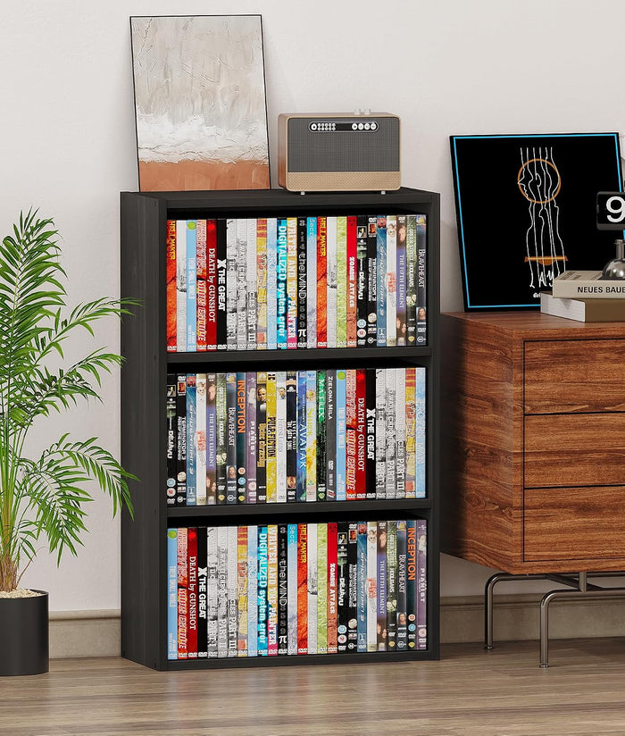 DVD Storage Cabinet Shelf, 3 Tier Media Storage Tower for CDs & Video Games, Freestanding Organizer Shelf for Living Room Home Office, Holds 80+ DVDs(Black)