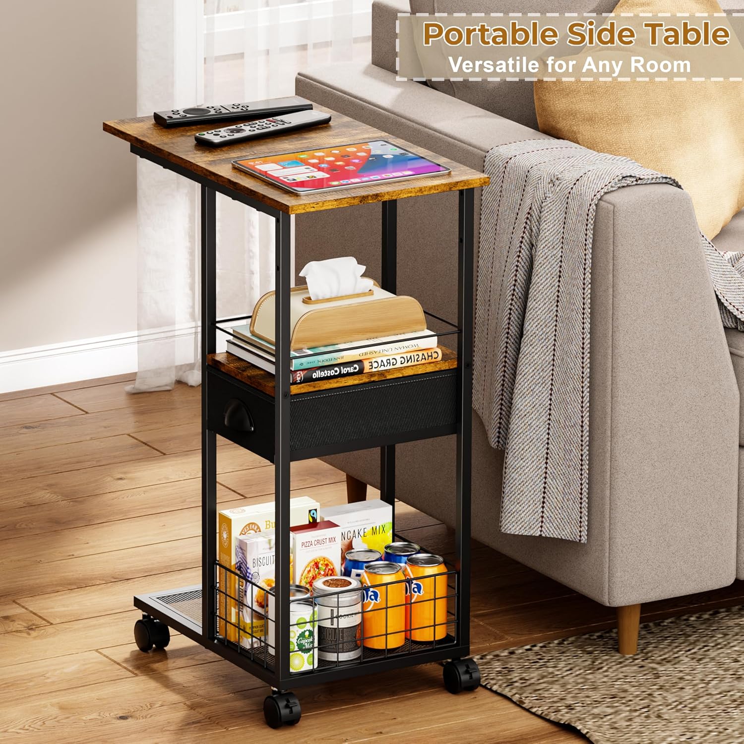 C Shaped Sofa Side Table with Wheels, Rolling Small Coffee Table with Drawer, Portable TV Tray Table for Couch, Bedside Table with Storage, Narrow Nightstand for Bedroom, End Tables Living Room