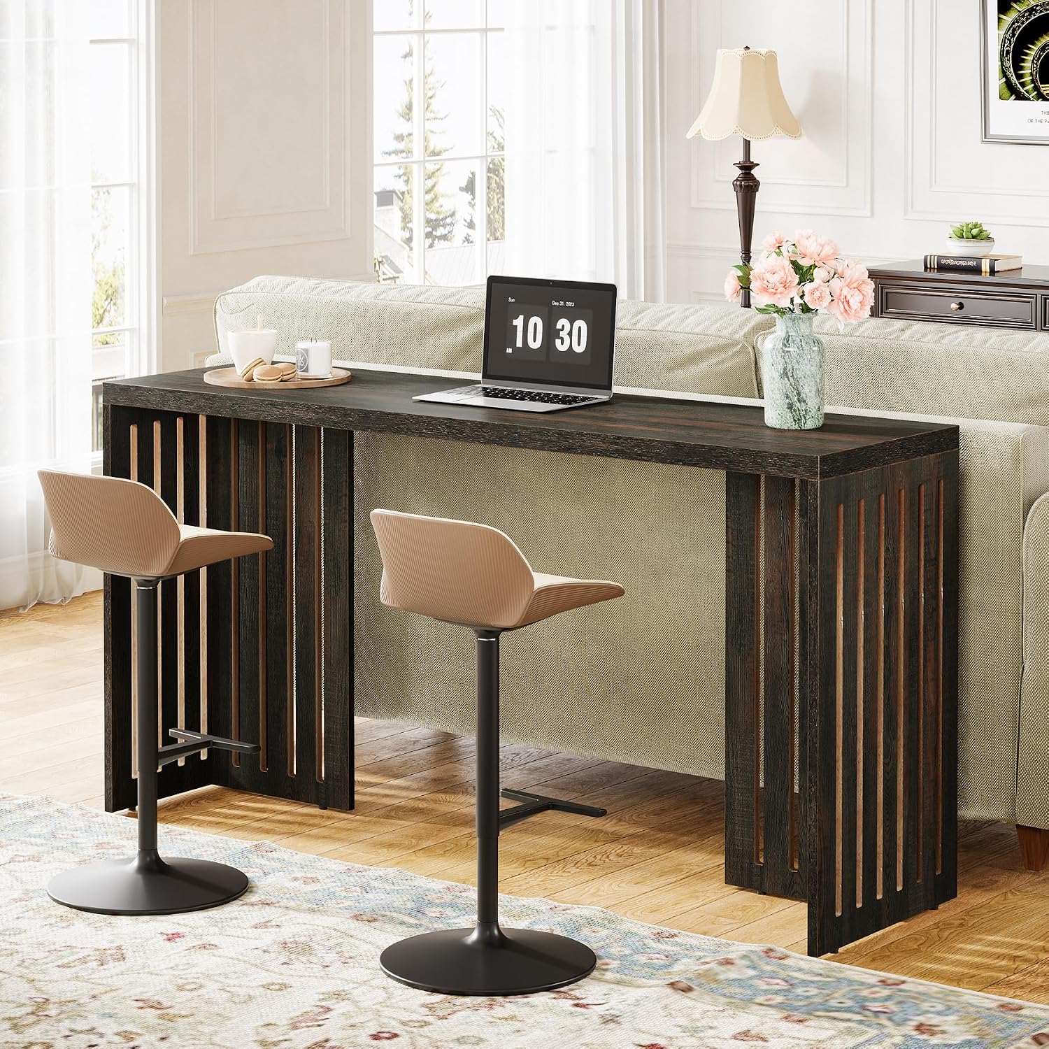 Tribesigns 63-Inch Bar Table with Louvered Base, Black Brown | Industrial Style, Rectangular High Top Table, For Kitchen, Dining, Narrow Space