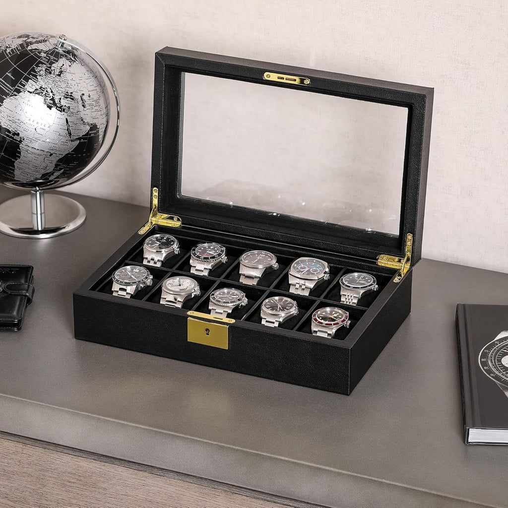 ROTHWELL 10 Slot Leather Watch Box - Luxury Case Display Jewelry Organizer - Locking Watch Display Case Holder with Large Glass Top - Box Organizer for Men and Women (Black/Black)