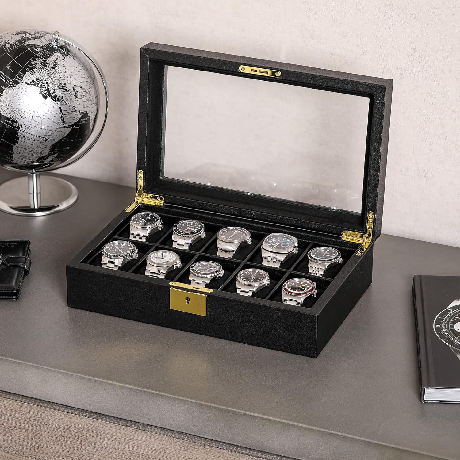 ROTHWELL 10 Slot Leather Watch Box - Luxury Case Display Jewelry Organizer - Locking Watch Display Case Holder with Large Glass Top - Box Organizer for Men and Women (Black/Black)