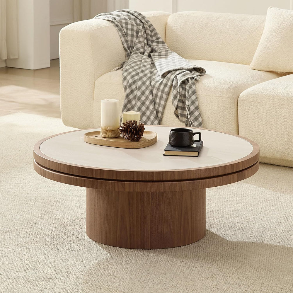 35.43 Inch Round Sintered Stone Side Table, No Assembly MDF Coffee Table with...