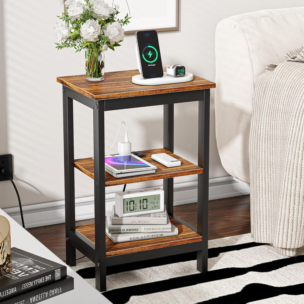 VECELO End Table with Charging Station and USB Ports, Small Wood Nightstand M...