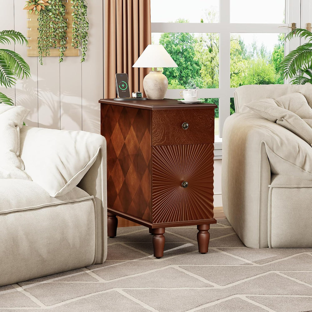 Narrow End Table with Charging Station, Slim Side Table with Drawers for Smal...