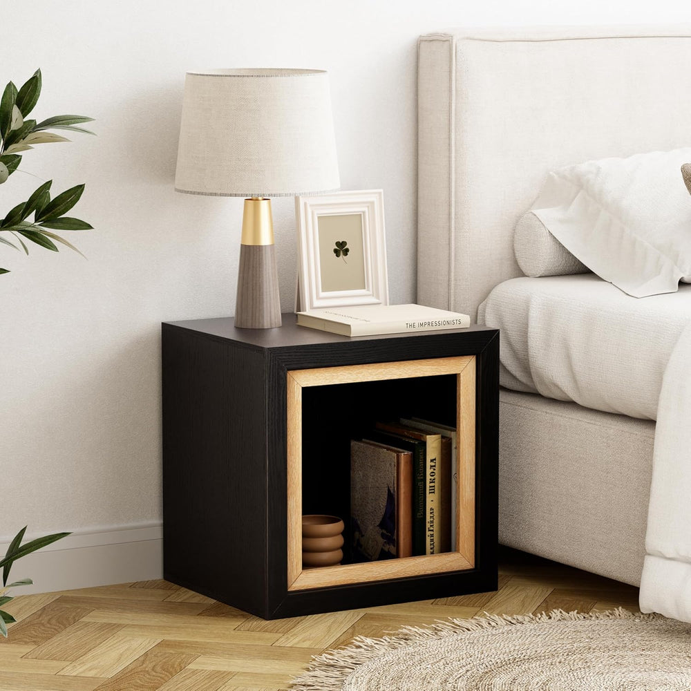 Aoikax Modern Cube End Table with Open Center Shelf, Geometric Wood Side Tabl...