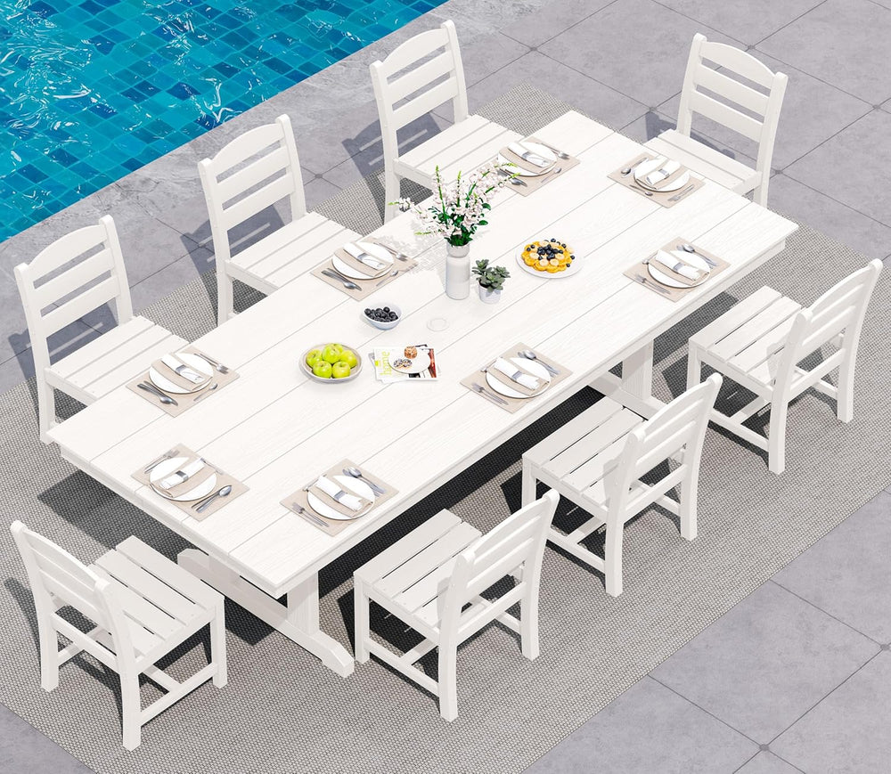 SERWALL 9Pcs 84" HDPE Outdoor Dining Set for 8 with Armless Chairs,White