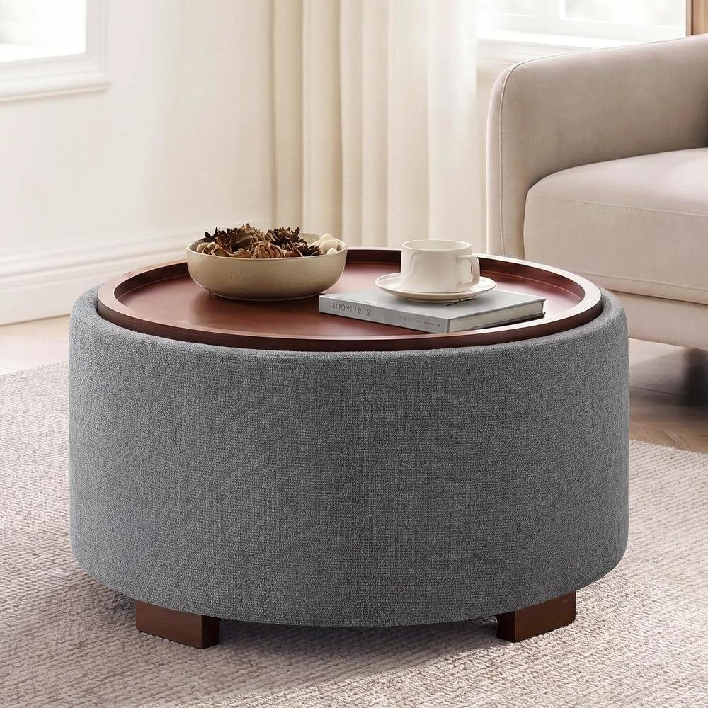 29.1 Inch Round Ottoman Coffee Table, Ottoman with Storage, Boucle Grey | Sto...