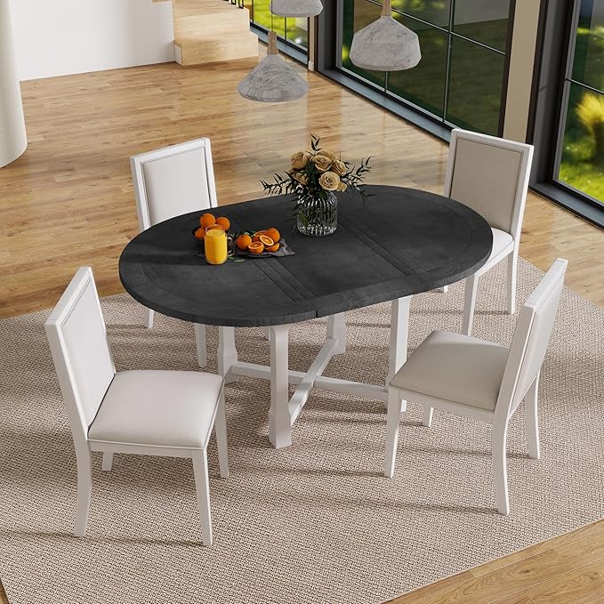 Merax 5-Piece Extendable Dining Table and 4 Upholstered Chairs, Round Oval Dining Table Set for 4, Wood MDF Kitchen Table Set with Removable Leaf for Dining Room, 42" to 58" (Grey+White)