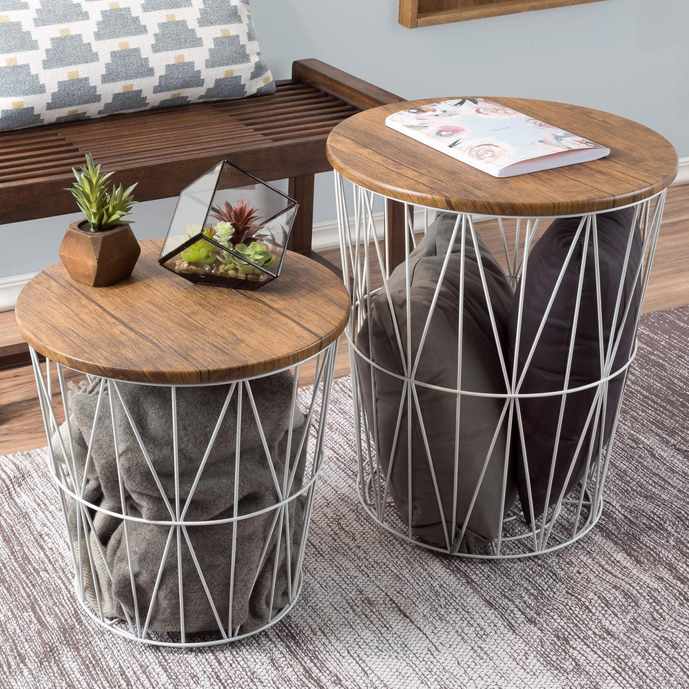 End Tables Set of 2 - Nesting Tables with Removable Wood Tops and Metal Wire ...