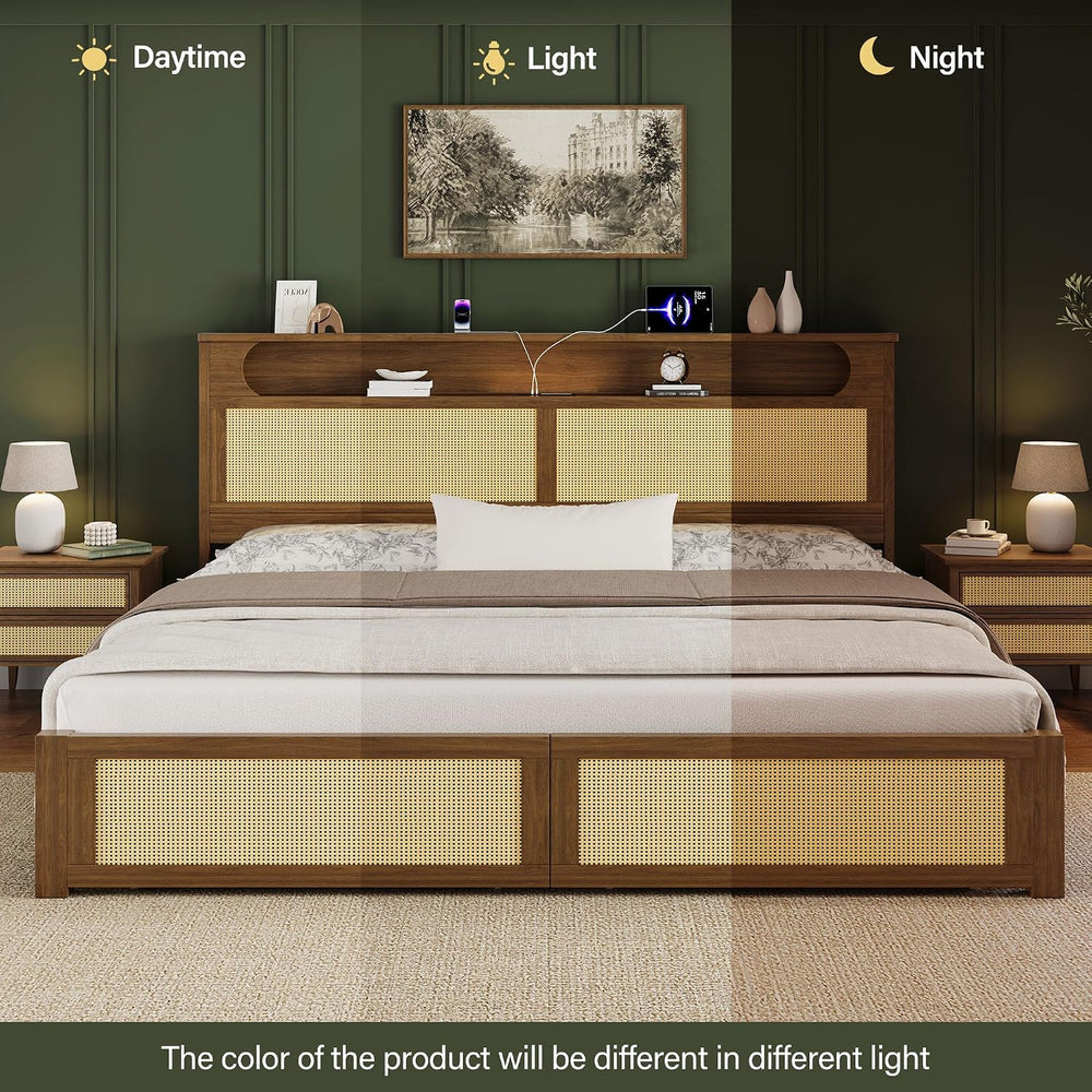 Belffin King Size Rattan Bed Frame with 2 Storage Drawers, Wood Bed, Brown