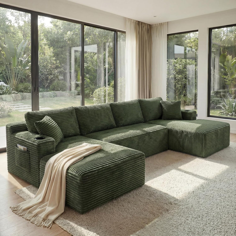 133" U-Shaped Modular Sectional Sofa, Corduroy Couch, Green | Cloud Luxu...