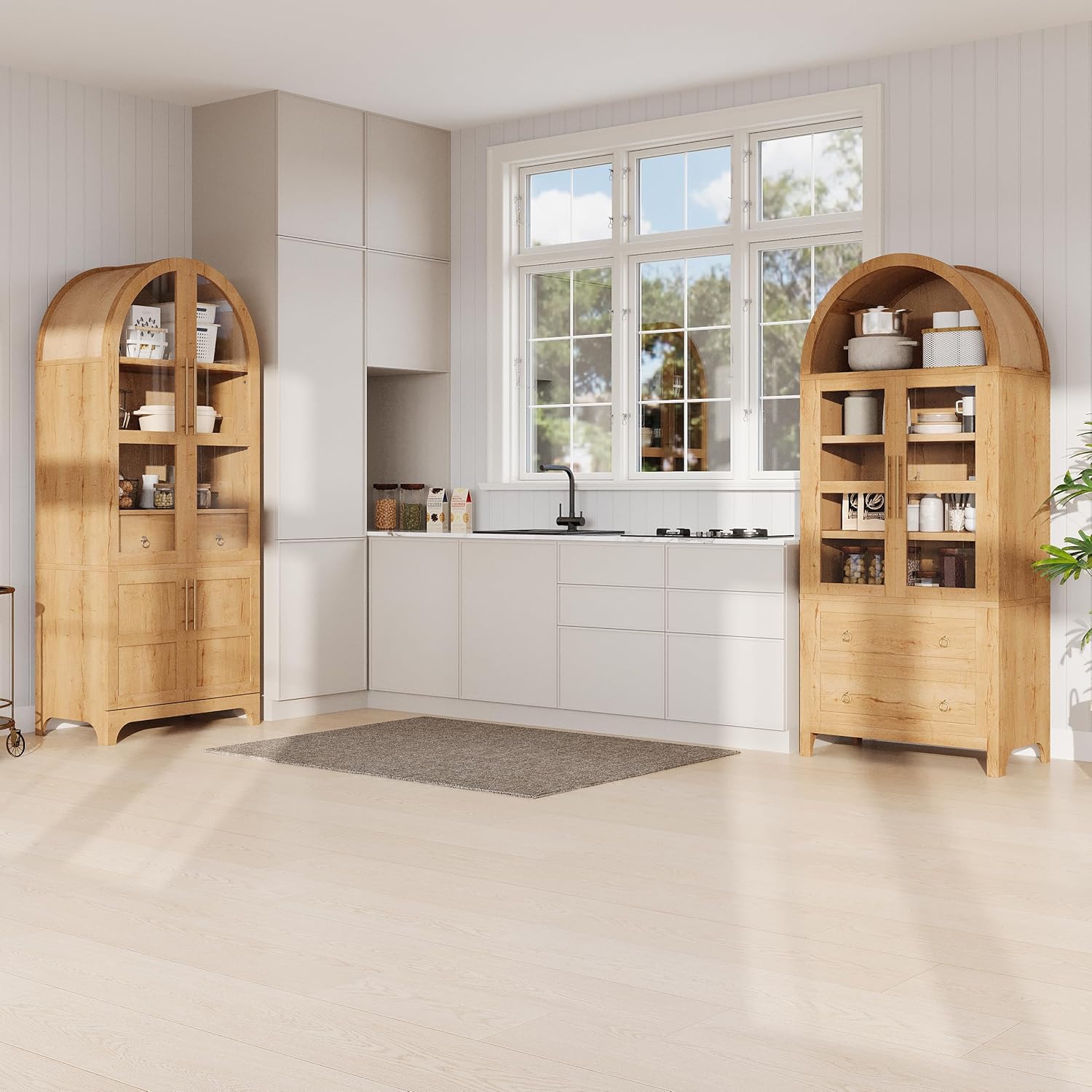71" Tall Arched Kitchen Pantry Cabinet - Farmhouse Wood Kitchens Storage Cabinets with Door Shelves, Open & Adjustable Shelves, Hidden Drawer and Glass Door for Dining Room