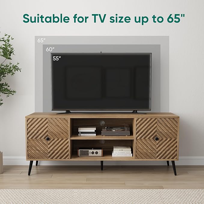 Smuxee Walnut TV Stand with Fluted Diamond Doors, 55.12" Mid Century Modern TV Media Console for TVs up to 65", TV Cabinet with Adjustable Shelf & 2 Cabinets for Living Room