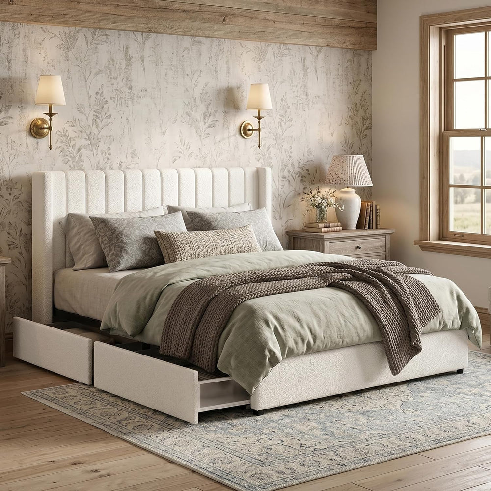 Queen Size Storage Bed Frame with 4 Drawers, Ivory Boucle Upholstered Platfor...
