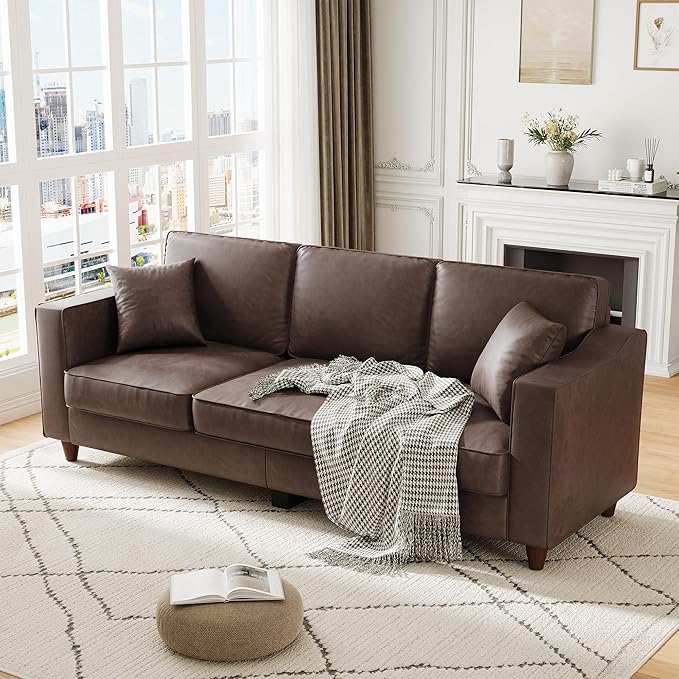 Faux Leather Couch with 2 Throw Pillows, Sofa Couches for Living Room, 3 Seater Sofa with Wide Armrests, Wood Legs, Deep Seats, Back Cushion, Sturdy Support Feet, for Office, Living Room, Dark Brown