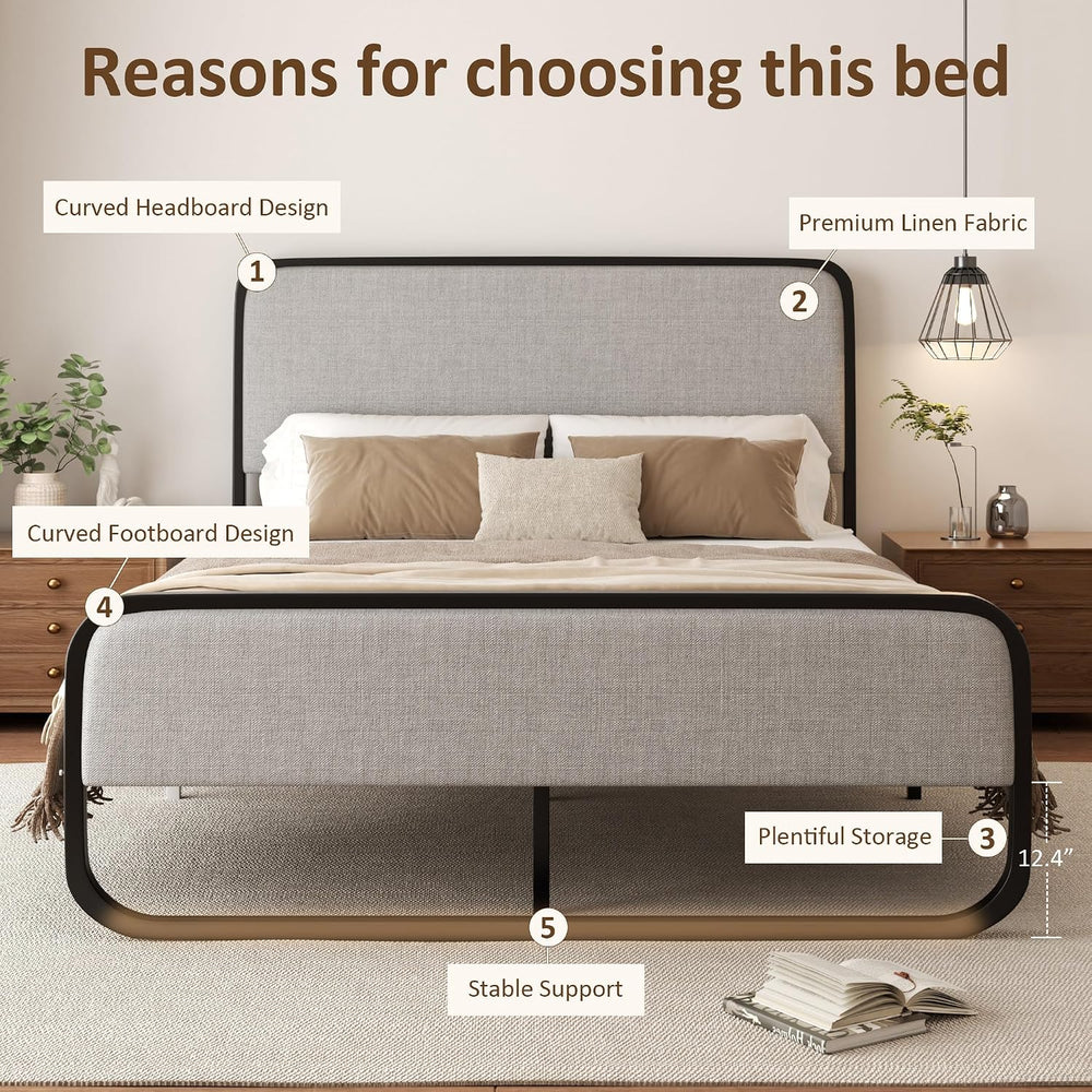Sismplly Queen Size Upholstered Bed Frame with Curved Headboard and Footboard...