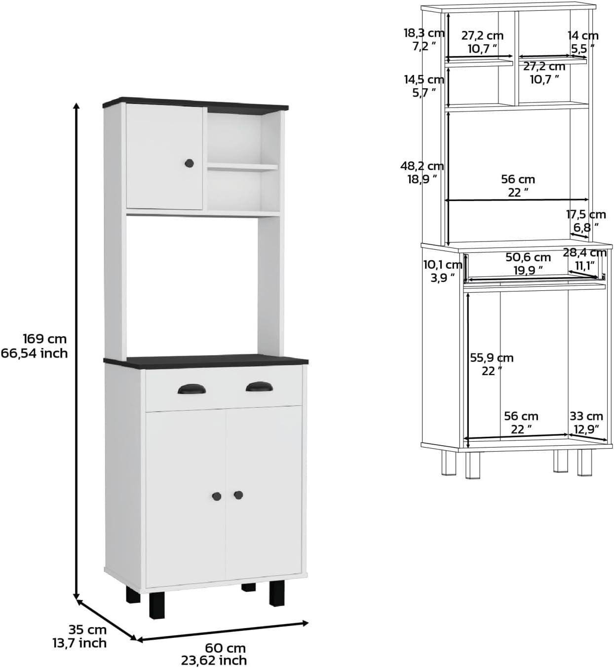 Depot E-Shop Waco 67" H Kitchen Pantry with Two Cabinets, Two Open Shelves, and One Drawer, White/Black