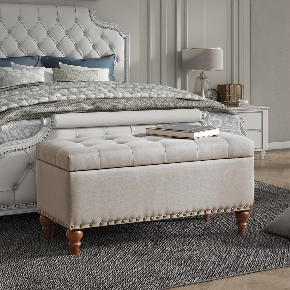 Ottoman Storage Bench, recessed Support Hinge top Easy to Open, Rivet Trim Ar...
