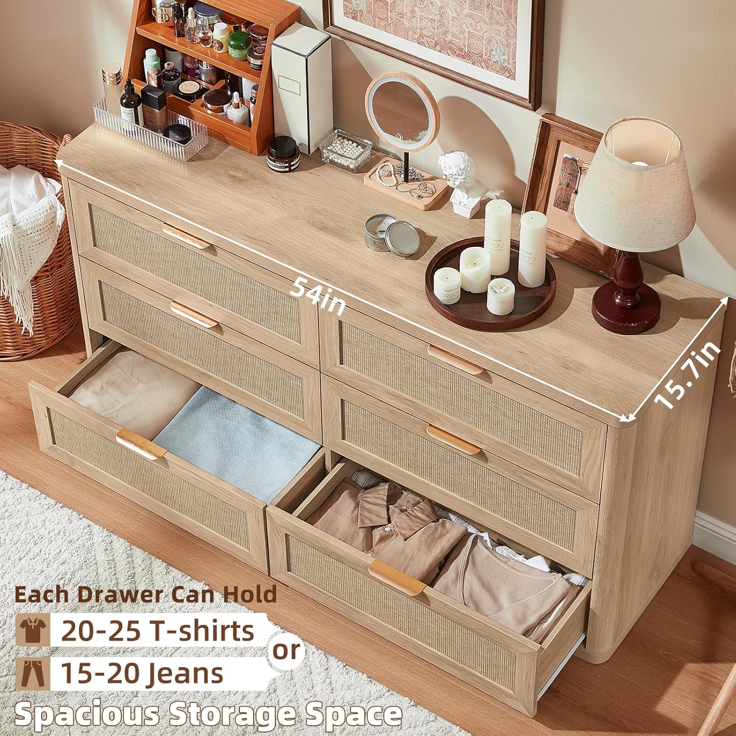 LEYAOYAO Rattan 6 Drawer Dresser for Bedroom, Boho 54" Wide Natural Wood Dresser Chest of Drawers, Dressers TV Stand with Metal Handle, Storage Dressers Closet Organizer for Living Room, Hallway