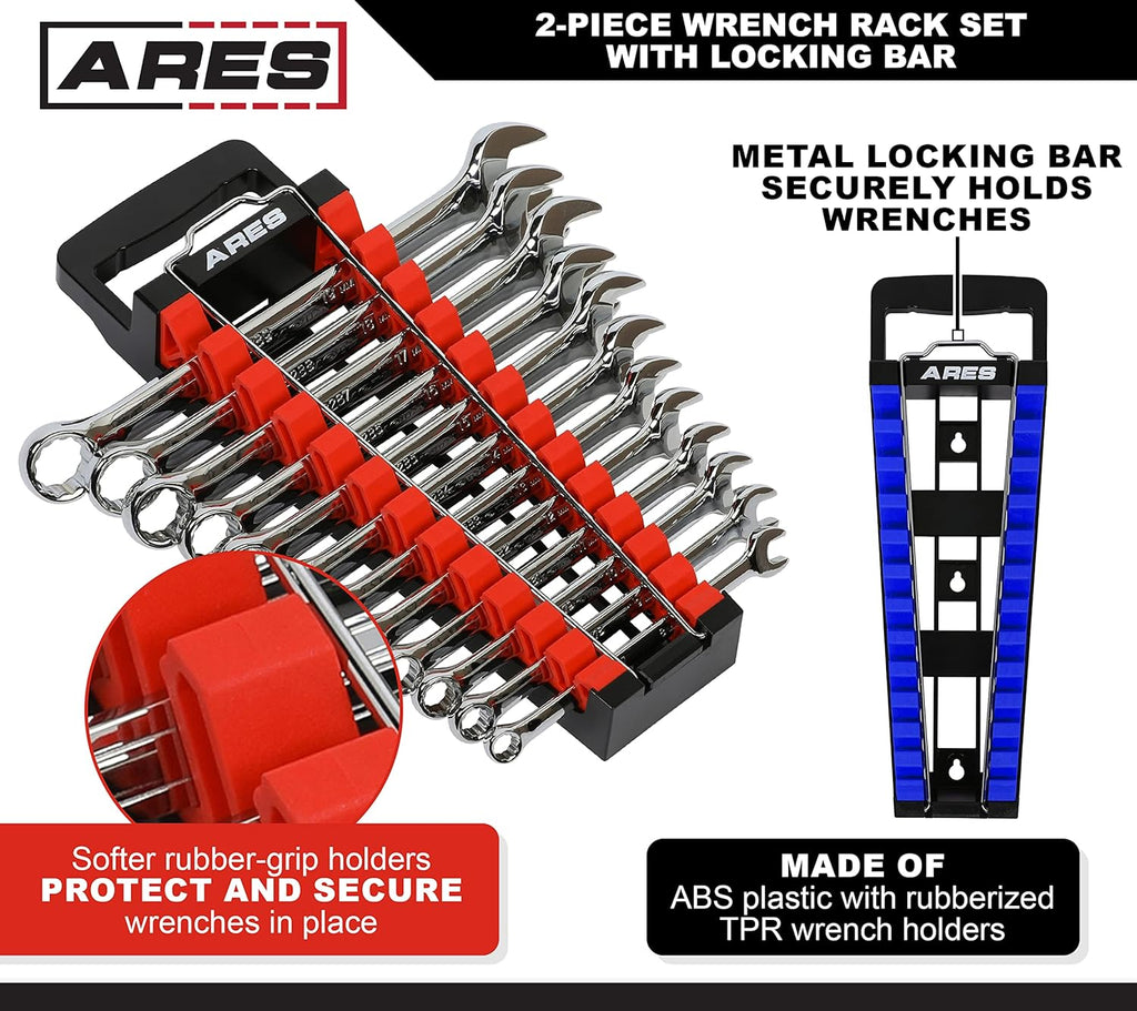 ARES 62043-2-Piece Wrench Rack Set with Locking Bar - SAE Rack Holds 1/4-Inch to 1-Inch Sizes - Metric Holds 6 to 25mm Sizes - Locking Metal Clip Secures Wrenches