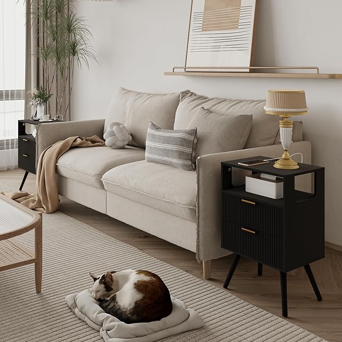 Black Nightstand with Charging Station and LED Lights,Modern Bedside Table wi...