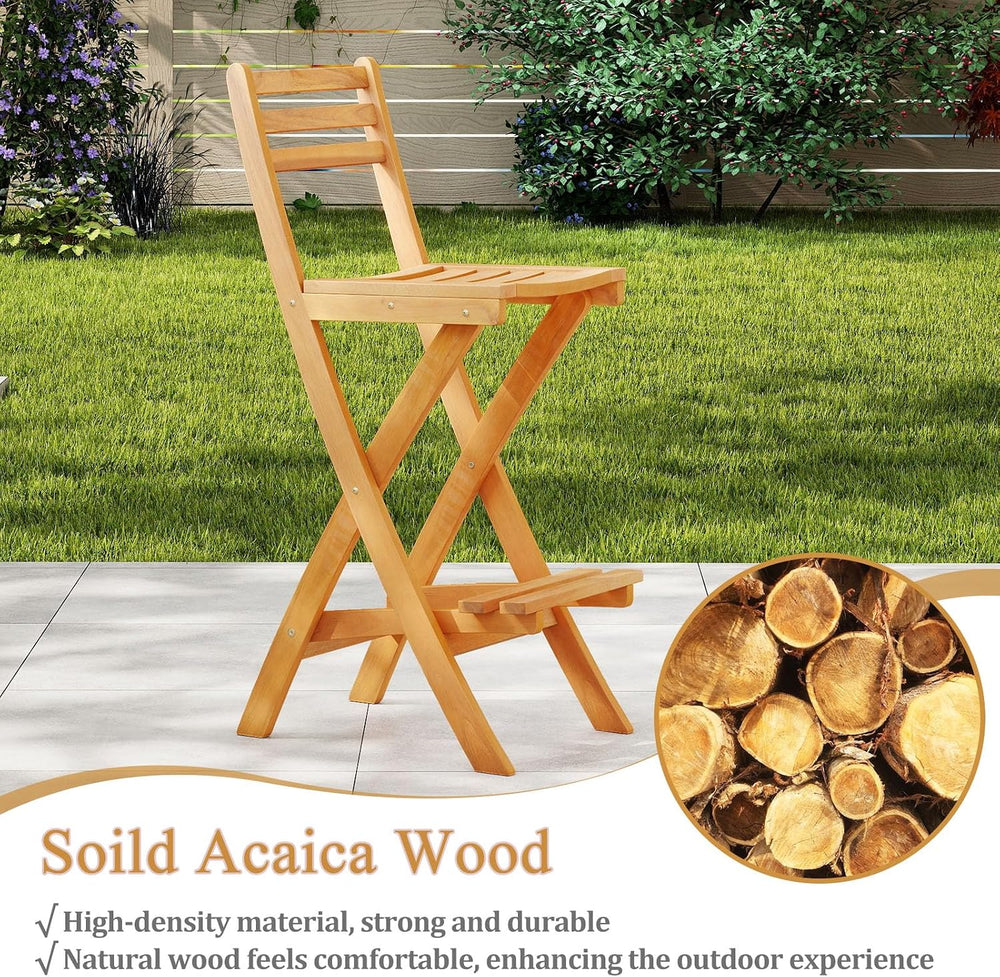 COSTWAY Outdoor Folding Bar Stool, Acacia Wood High Top Chairs with Slatted B...