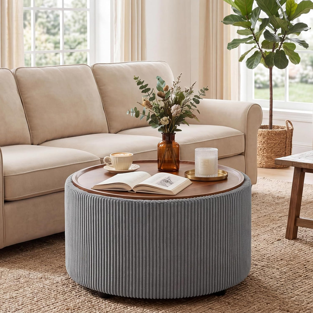 Homebeez 28” Round Storage Ottoman,Ottoman Coffee Table with Tray,Corduroy | Modern Ottomans with Storage with Anti-Slip Rubber Feet for Living Room, Bedroom, Apartment, Gray