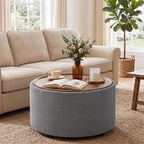 Homebeez 28” Round Storage Ottoman,Ottoman Coffee Table with Tray,Corduroy | Modern Ottomans with Storage with Anti-Slip Rubber Feet for Living Room, Bedroom, Apartment, Gray