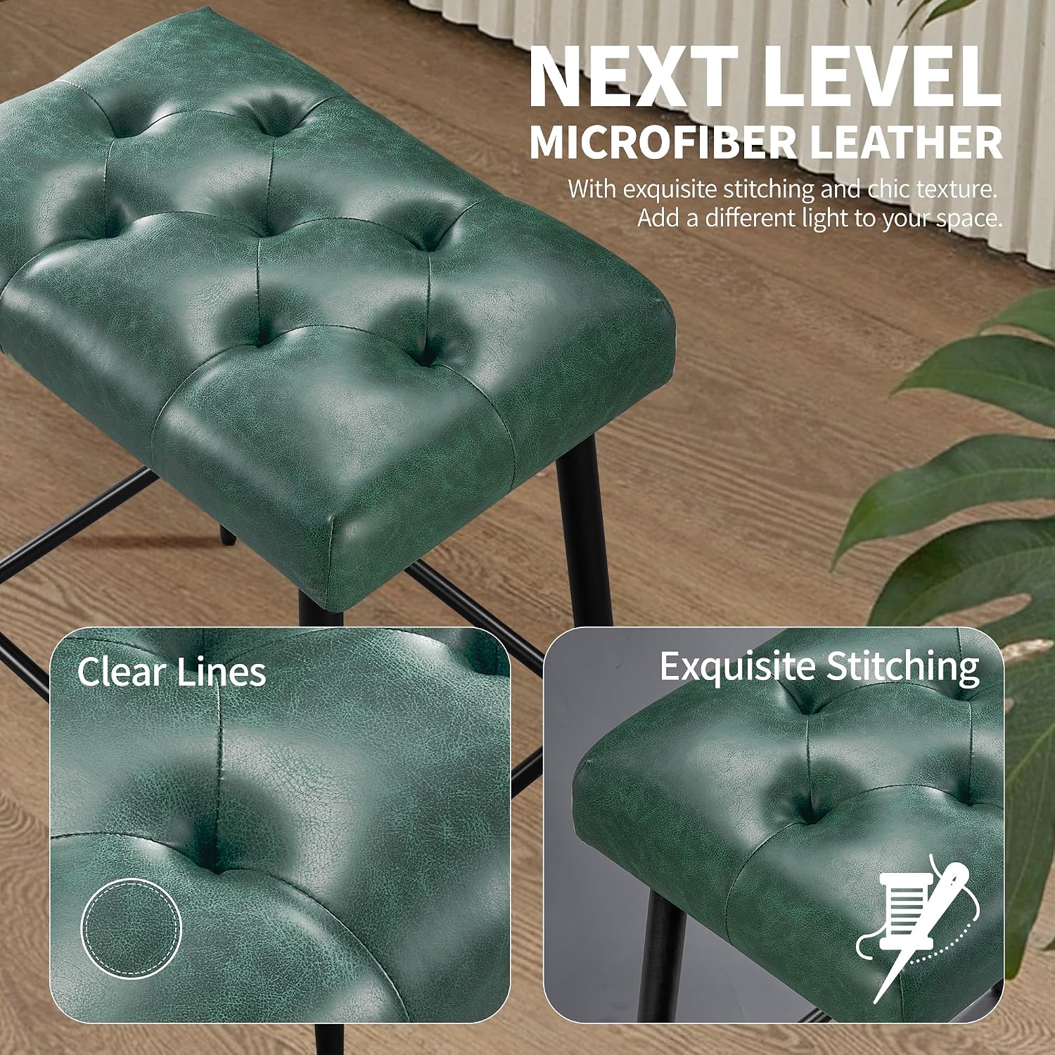 STOOLINK Bar Stools Set of 2, 24 Inch Counter Height Bar Stool for Kitchen Island, Modern Bar Hight Stools with Sturdy Metal Base and Thickened Saddle Cushion, 330Lbs, Green