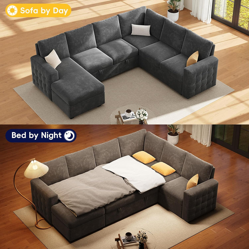 104" Sectional Sleeper Sofa Bed, 7 Seat Pull Out Couch with Storage, Gra...