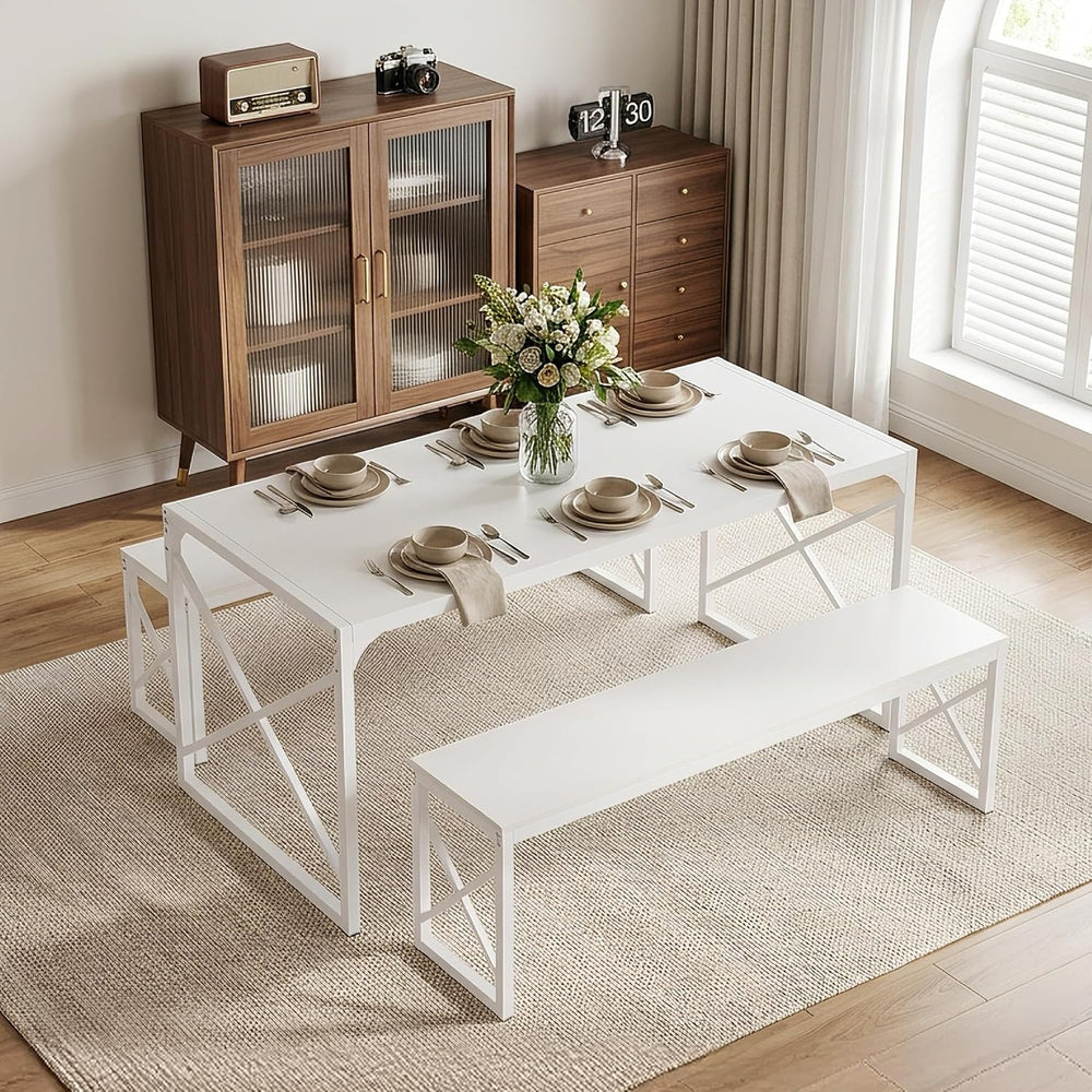 VECELO 55” Kitchen Dining Table Set for 4, Heavy-Duty Steel Frame & Wood-...