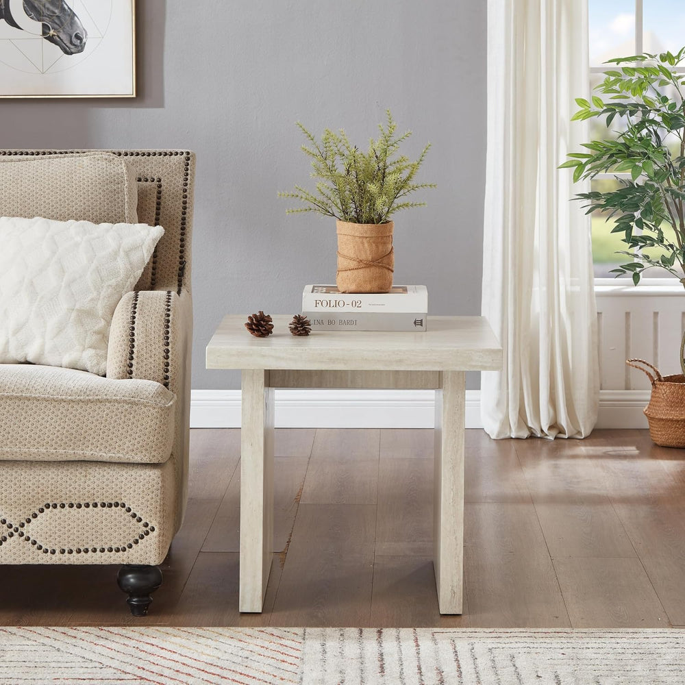 Roundhill Furniture Cavira Modern Faux Marble Living Room End Table, Beige